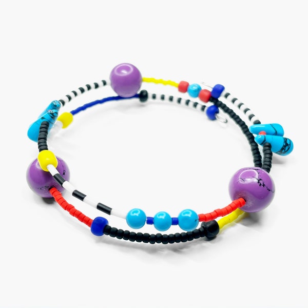 Funky multicolor miyuki beaded bracelet with light blue and purple howlite. Memphis Milano inspired design. Bright memory wire bracelet.