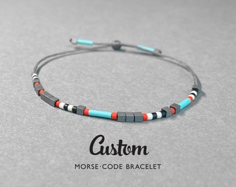 Colorful custom name or hidden message Morse Code Bracelet beaded with miyuki and gray hematite gemstones. Minimalist friendship bracelet.