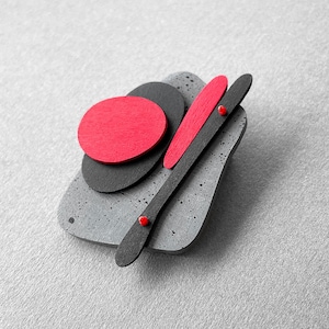Handmade Geometric Wooden Brooch | Gray and red artsy statement brooch | Abstract art minimalist pin | Modern Statement Jewelry