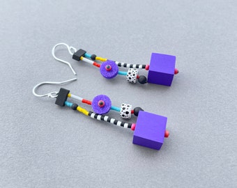 Colorful long pop art whimsical summer earrings. Memphis milano inspired fun and artsy earrings. 80s bright drop earrings.