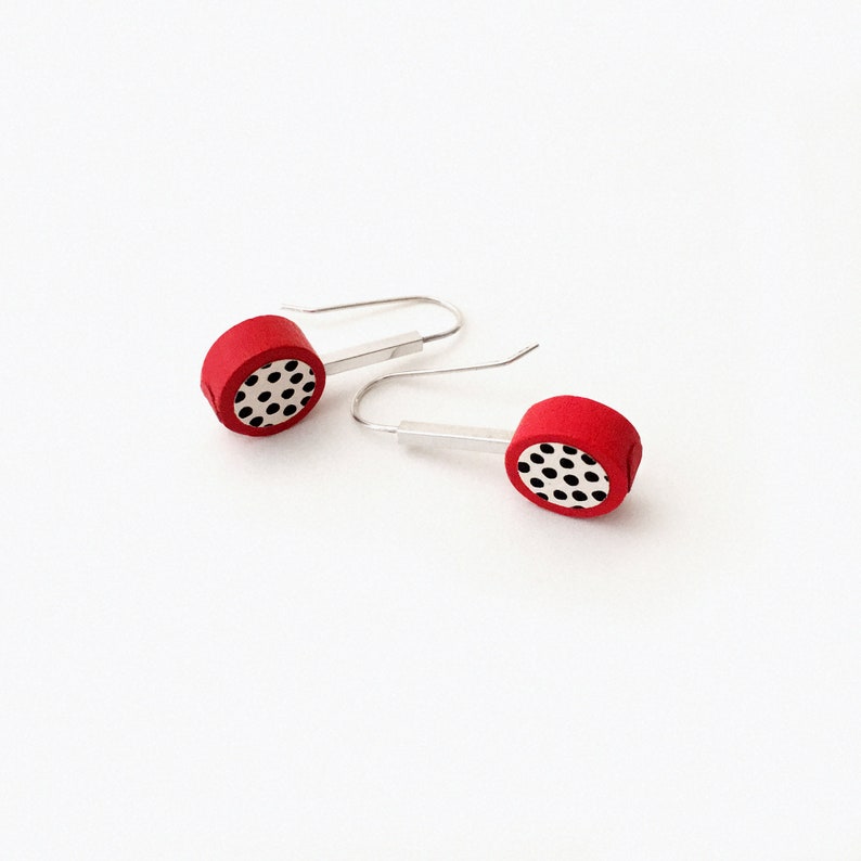 Red and black polka dot geometric earrings. Modernist stylish sterling silver wood dangle earrings. Pop retro earrings. image 1