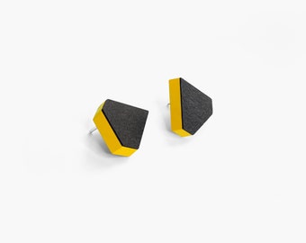 Mismatched wooden stud earrings in black and yellow  | Abstract modern art geometric studs | Polygon earrings