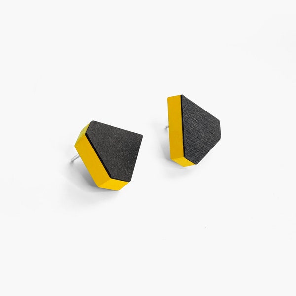 Mismatched wooden stud earrings in black and yellow  | Abstract modern art geometric studs | Polygon earrings