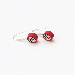 Red and black polka dot geometric earrings. Modernist stylish sterling silver wood dangle earrings. Pop retro earrings. image 3