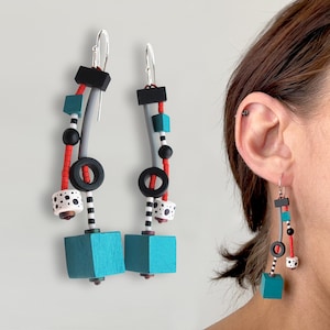Memphis milano style dangle earrings in turquoise and red | Designer abstract art earrings | Long colorful fairytale earrings