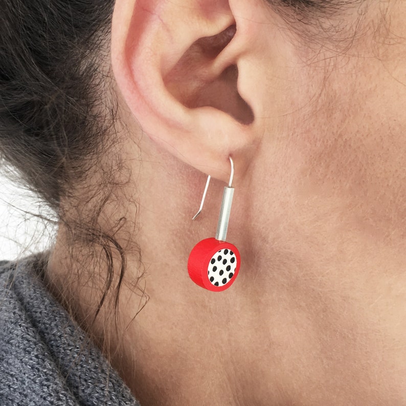 Red and black polka dot geometric earrings. Modernist stylish sterling silver wood dangle earrings. Pop retro earrings. image 2