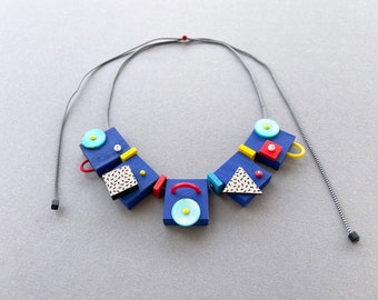 Abstract multicolor necklace in Memphis Milano style | Abstract art hand painted wooden statement necklace | Funky 80s colorful necklace