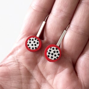 Red and black polka dot geometric earrings. Modernist stylish sterling silver wood dangle earrings. Pop retro earrings. image 4