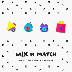 80s style mismatched wood stud earrings. Geometric colorful hand painted studs. Artsy birthday gift for girl. Memphis Milano inspired design