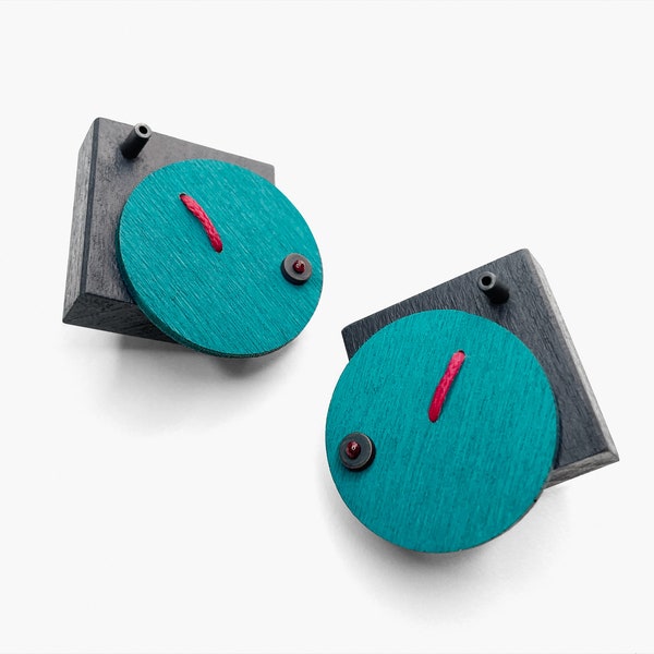 Chunky rhombus wooden stud earrings in gray and turquoise. Bauhaus style geometric earrings. Modern hand painted statement earrings.