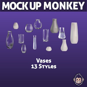 May include: A collection of 13 different styles of vases, including clear glass, white ceramic, and frosted glass. The vases are arranged on a purple background with the text "Vases 13 Styles" below them.