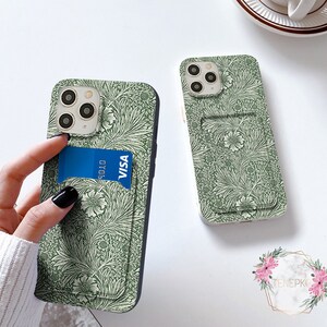 Green floral case with card pocket for iPhone 14 15 pro max iPhone 13 Pro 12 Pro Max case iPhone 11 iPhone XR XS Max iPhone X Case  tn54