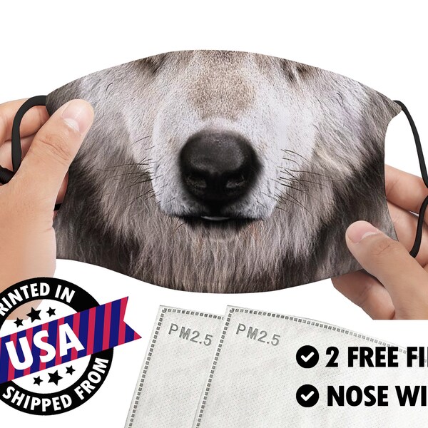 Wolf Face Mask / Wolf Nose Mask / Dog Face Mask / Animal Face Mask / Adult Filter Pocket Mask / Nose Wire / Adjustable Ear Loops lp092