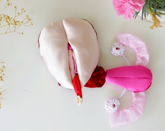 Sex education. Educational model of genitals for children. Vulva with clitoris and urethra and uterus in fabric.
