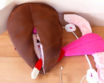 Sex education. Educational model of genitals for children. Vulva with clitoris and urethra and uterus in fabric.