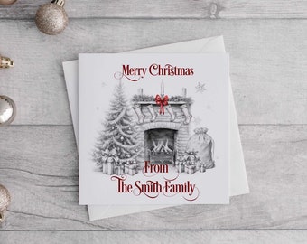 Personalised Family Christmas card, family Christmas card, Fireplace Christmas card, Personalised Stocking Card