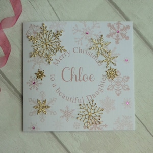 Gepersonaliseerde kerstkaart * Rose Gold Blush Pink * Sneeuwvlokken * Dochter, moeder, peetdochter, verloofde, vrouw, nichtje, vriend