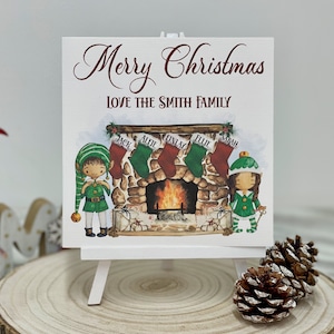 Gepersonaliseerde familiekerstkaart, familiekerstkaart, kerstkaart met open haard, gepersonaliseerde kouskaart