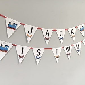 Train Themed 'Is Two' Personalised Birthday Bunting Party Banner Flags Garland Railway Station Carriages 1st 2nd 3rd 4th Tank Engine Thomas