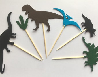 Dinosaur Cupcake Toppers Food Picks Cup Cake Party Decoration Card Party Birthday Dino Boys Trex 1st Green Blue 1st Prehistoric Jurassic