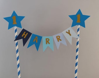 Personalised Cake Topper 1st Birthday Star Blue Rainbow Theme Name Bunting With Age Baby Party Decoration Girls Boys Table Flags Garland