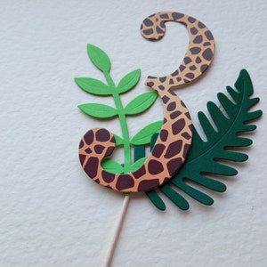 3rd Birthday Animal print & Leaves Jungle Theme Cupcake Picks Age Three 3 Toppers Green Food Leaf Cup Cake Party Decoration Card Number