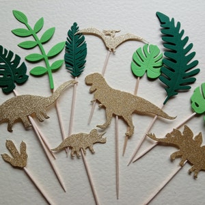 Dinosaur Animal Theme Leaves Cupcake Toppers Gold Food Picks Cup Cake Party Prehistoric Decoration Card Birthday New Christening Baby Shower