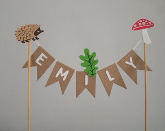 Personalised Woodland Animal Autumn Theme Birthday Bunting Cake Topper Picks Wood Land Hedgehog  Party Decoration Girls Boys Flags Garland