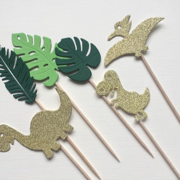 Cute Dinosaur & Leaf Cupcake Toppers Food Picks Cup Cake Jungle Party Decoration Card Green Jurassic Girls 1st Birthday Dino Boys T-rex Gold