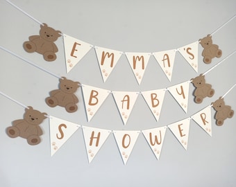 Teddy Bear Themed Baby Shower Personalised Bunting Party Banner Decoration 1st Baby Girls Boys Flags Gender Reveal Ivory Celebration Garland