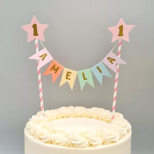 Personalised Cake Topper 1st Birthday Star Pastel Rainbow Theme Name Bunting With Age Baby Party Decoration Girls Boys Table Flags Garland