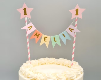 Personalised Cake Topper 1st Birthday Star Pastel Rainbow Theme Name Bunting With Age Baby Party Decoration Girls Boys Table Flags Garland