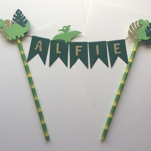 Cute Personalised Dinosaur & Leaf Dino Birthday Bunting Cake Topper 1st Banner Party Decoration Card Girls Boys Table Flags Garland Glitter