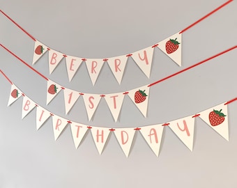 Berry 1st Birthday Strawberry Themed Party Bunting Banner Decoration Girls Personalised Cake Topper Name Picnic Flags Garland Strawberries