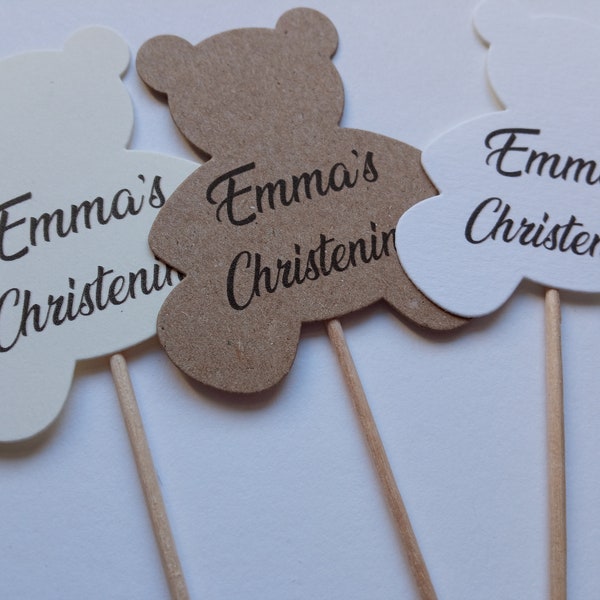 Personalised Cute Teddy Bear Christening Cupcake Toppers Girl Boy New Baptism Food Picks Cup Cake Party Decoration Occasion Brown Recycled