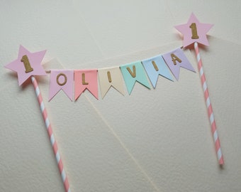 Personalised Cake Topper 1st Birthday Star Pastel Rainbow Theme Name Bunting With Age Baby Party Decoration Girls Boys Table Flags Garland