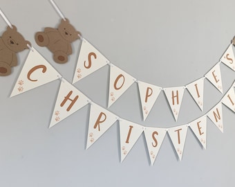 Teddy Bear Themed Christening Personalised Bunting Party Banner Decoration 1st Baby Girls Boys Flags Gender Reveal Ivory Celebration Garland