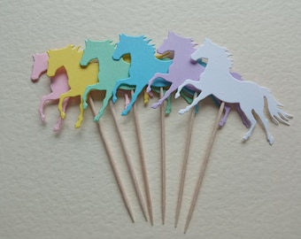 Rainbow Pastel Horse Cupcake Toppers Food Picks Cup Cake Party Decoration Riding Pony Foul Girls Pink Brown Grey Race 1st Birthday Occasion
