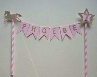Personalised Horse Pink & Gold Cake Bunting Topper age Girls Baby Birthday Name Party Decoration Table Flags Garland Glitter Paper Straws