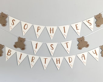 Teddy Bear Themed Birthday Personalised Bunting Party Banner Decoration Baby Shower Girls Boys Flags Picnic Teddies Cake Topper 1st Garland