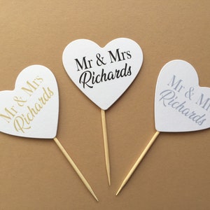 Personalised Mr & Mrs Heart Wedding Cupcake Toppers Decor Girls Food Picks Cup Cake Party Decoration Card Occasion Anniversary Gold Silver