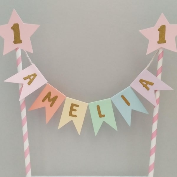 Personalised Cake Topper 1st Birthday Star Pastel Rainbow Theme Name Bunting With Age Baby Party Decoration Girls Boys Table Flags Garland