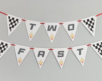 TWO FAST Racing Car Theme Bunting Child's 2nd Birthday Party Banner Chequered Flags Decoration Girls Boys Kids Garland Motor Cars Race Age 2