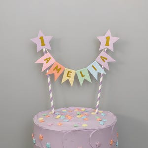 Personalised Cake Topper 1st Birthday Star Pastel Rainbow Theme Name Bunting With Age Baby Party Decoration Girls Boys Table Flags Garland