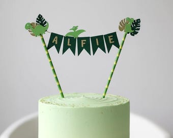Cute Personalised Dinosaur & Leaf Dino Birthday Bunting Cake Topper 1st Banner Party Decoration Card Girls Boys Name Flags Garland Glitter