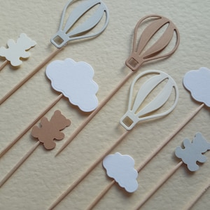 Teddy Hot Air Balloons & Clouds Neutral Baby Shower Cupcake Toppers Food Picks Cup Cake Party Decoration Teddies 1st Birthday Christening