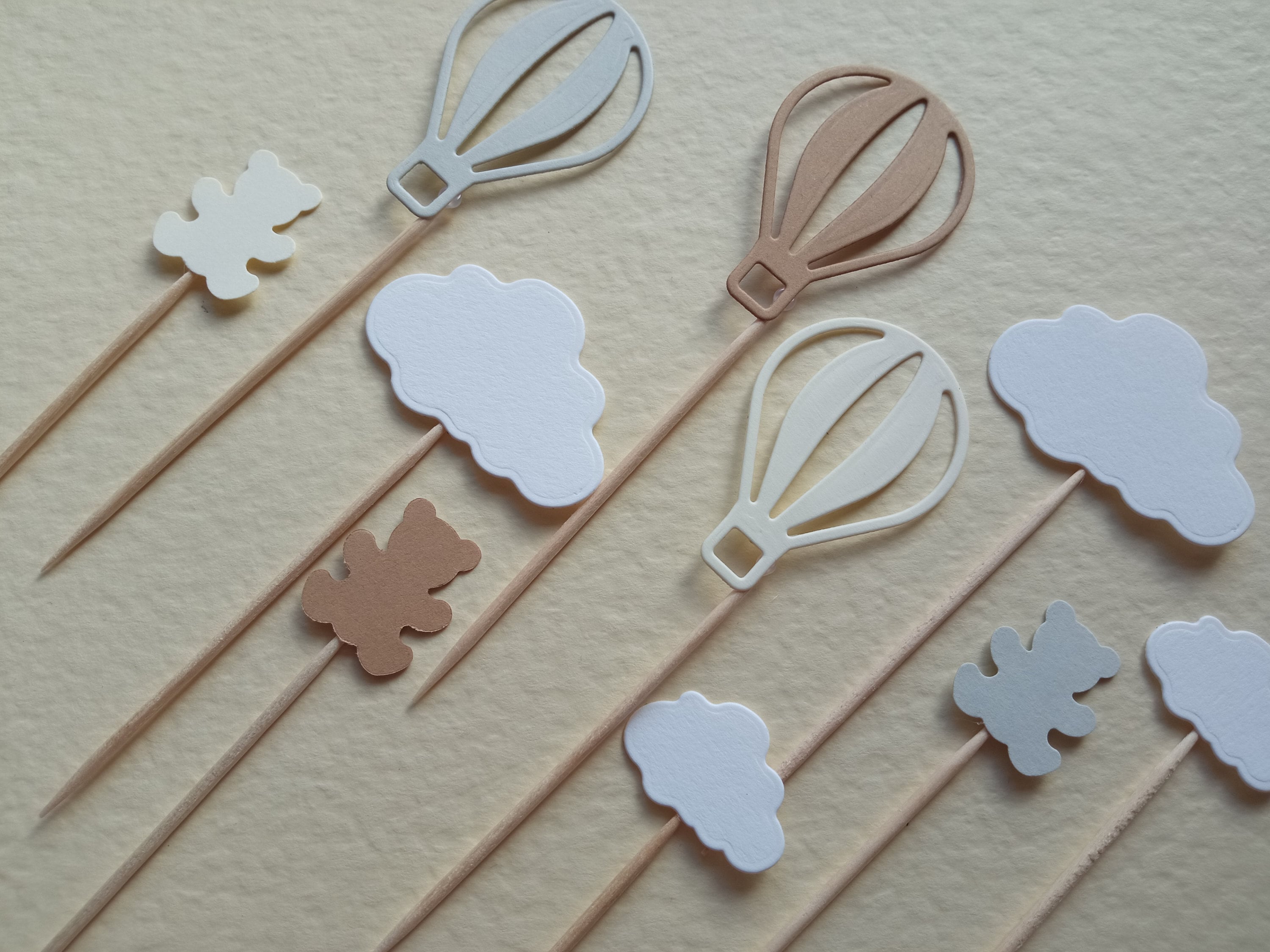 Teddy Hot Air Balloons & Clouds Neutral Baby Shower Cupcake Toppers Food Picks Cup Cake Party Decoration Teddies 1st Birthday Christening