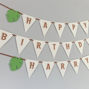 Personalised Happy Birthday Jungle Leaf Leaves Theme Bunting Palm Tree 1st Wild One Baby Party Decoration Jurassic Girls Boys Flags Garland