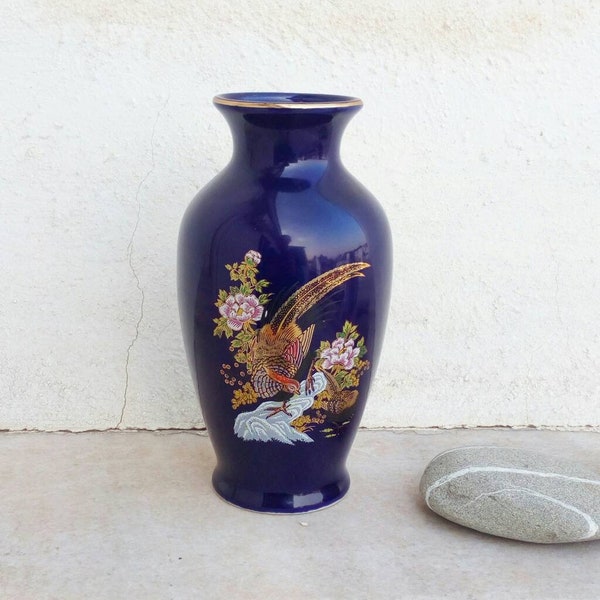 Jarrón japonés azul cobalto, cerámica Tajimi, jarrón de porcelana Fuku Arita con faisán