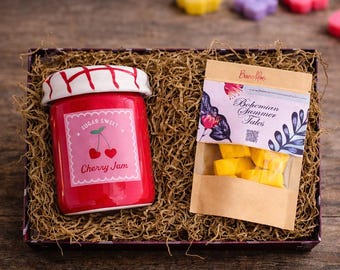 Set regalo con cialde di cera di soia e bruciatore di cera, bruciatore di cera in ceramica a forma di barattolo di marmellata, confezione regalo per la festa della mamma.